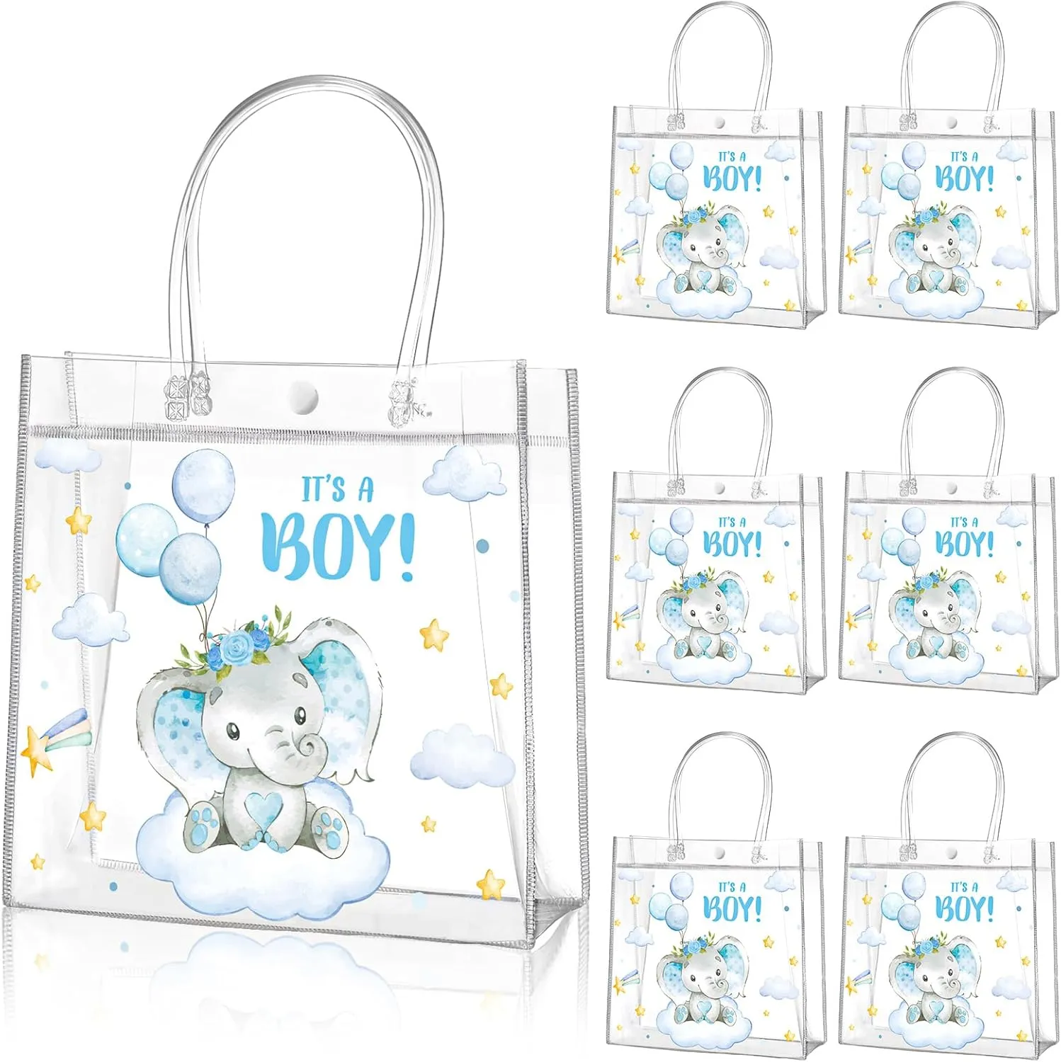 Aliceset 20 Pcs Elephant Party Clear Gift Bags with Handles Plastic Baby Shower Bags Elephant Theme Goodie Bag Treat Bag for Guests Baby Shower Party Supplies Return Gift, 8 x 8 x 3.15 Inch