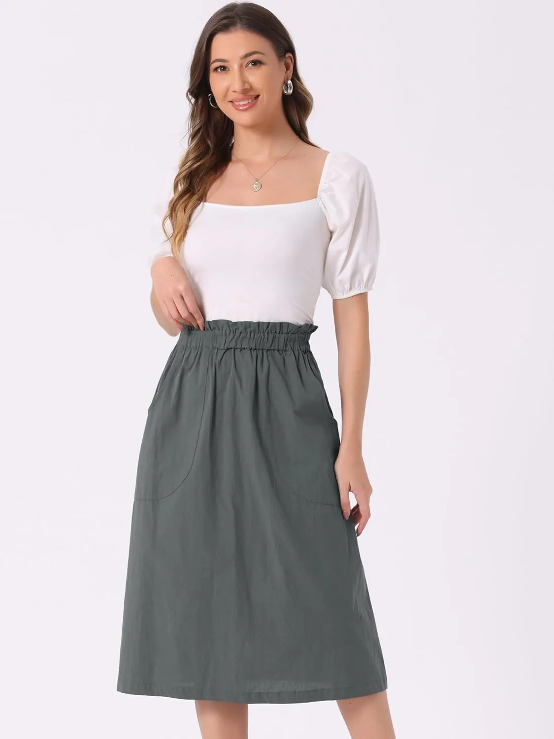 Allegra K Women's Casual Cotton Skirt Elastic Waist Scrub Peasant A-Line Midi Skirts with Pockets