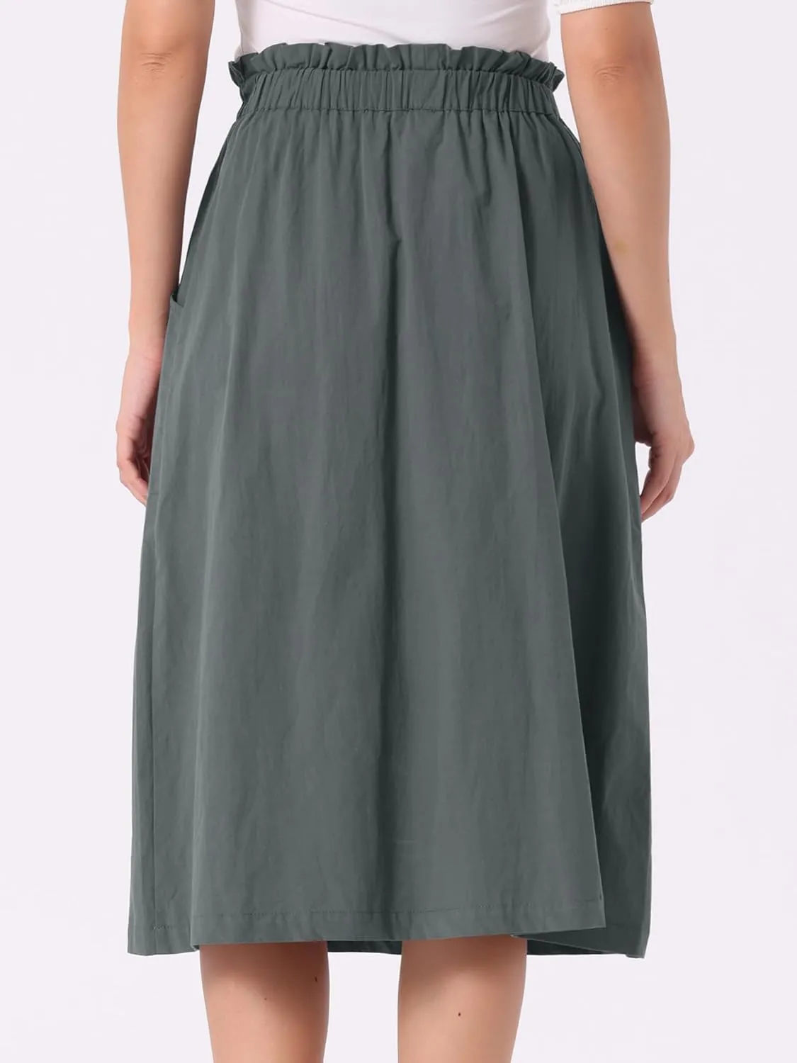 Allegra K Women's Casual Cotton Skirt Elastic Waist Scrub Peasant A-Line Midi Skirts with Pockets