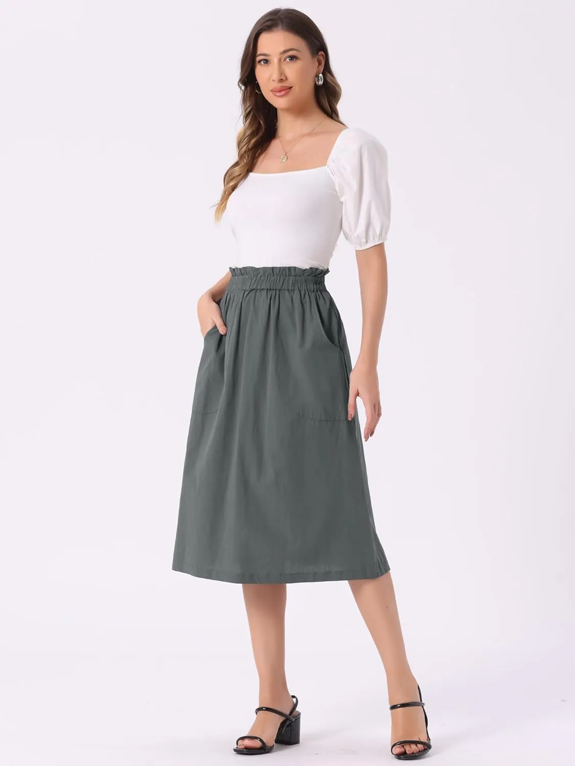 Allegra K Women's Casual Cotton Skirt Elastic Waist Scrub Peasant A-Line Midi Skirts with Pockets