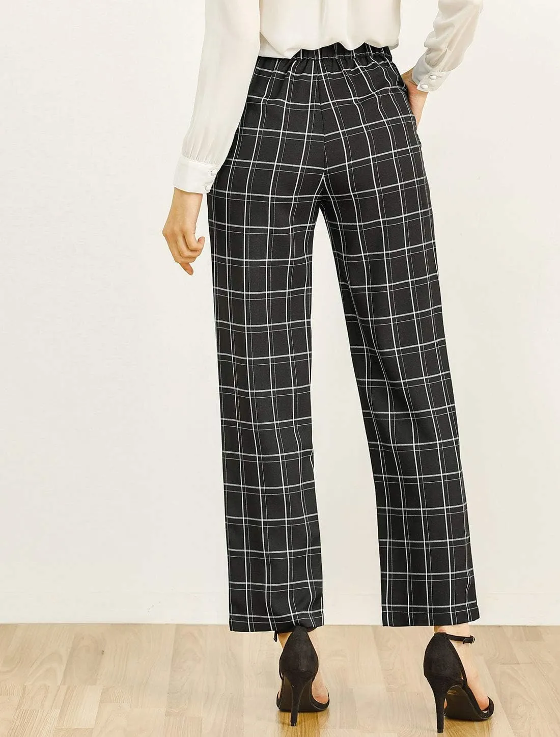 Allegra K Women's Plaid Pants Elastic Waist Casual Work Office Long Trousers