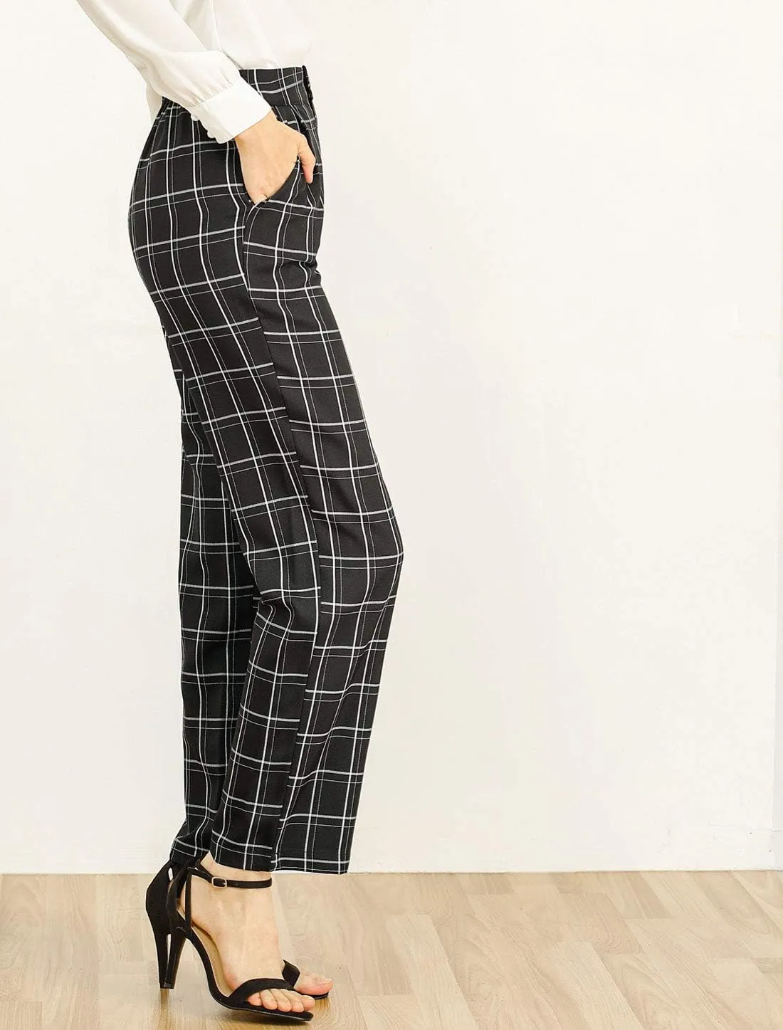 Allegra K Women's Plaid Pants Elastic Waist Casual Work Office Long Trousers