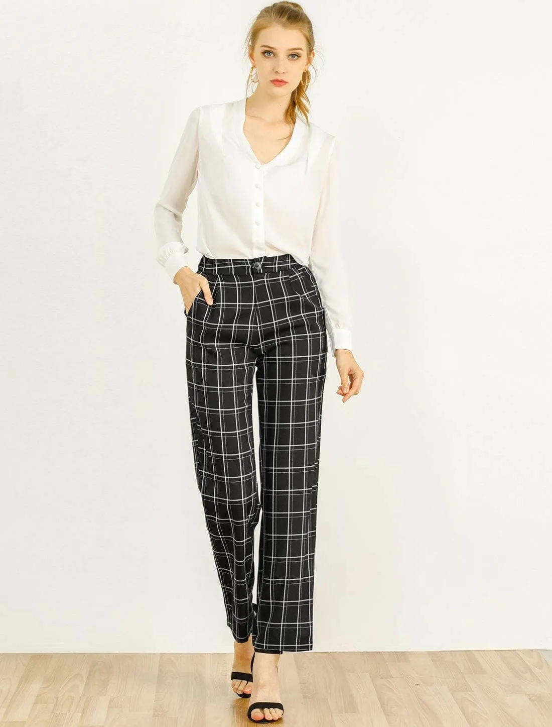 Allegra K Women's Plaid Pants Elastic Waist Casual Work Office Long Trousers