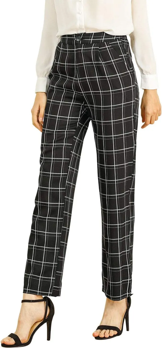 Allegra K Women's Plaid Pants Elastic Waist Casual Work Office Long Trousers