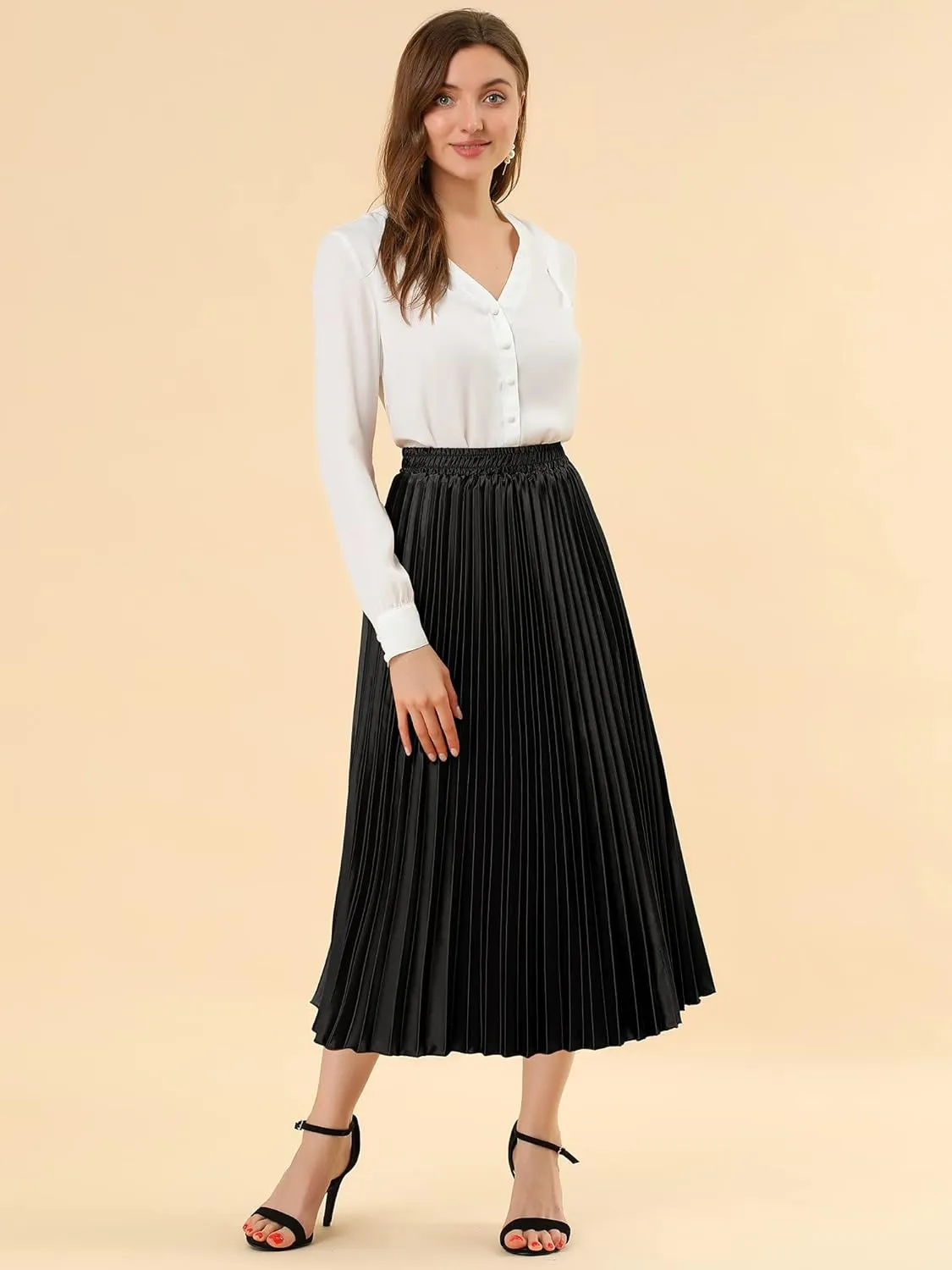 Allegra K Women's Pleated Midi Skirt Elastic Waist Metallic Shiny Accordion Party Skirts