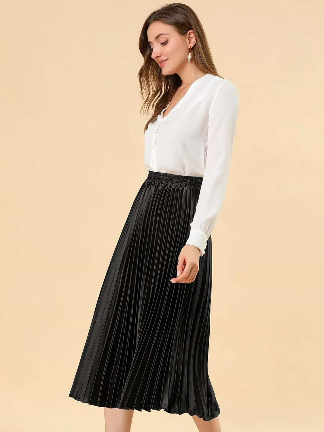 Allegra K Women's Pleated Midi Skirt Elastic Waist Metallic Shiny Accordion Party Skirts