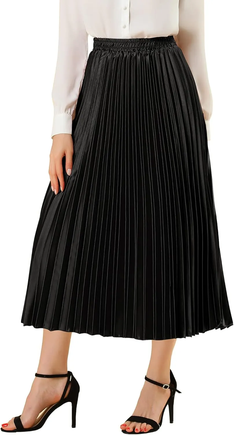 Allegra K Women's Pleated Midi Skirt Elastic Waist Metallic Shiny Accordion Party Skirts
