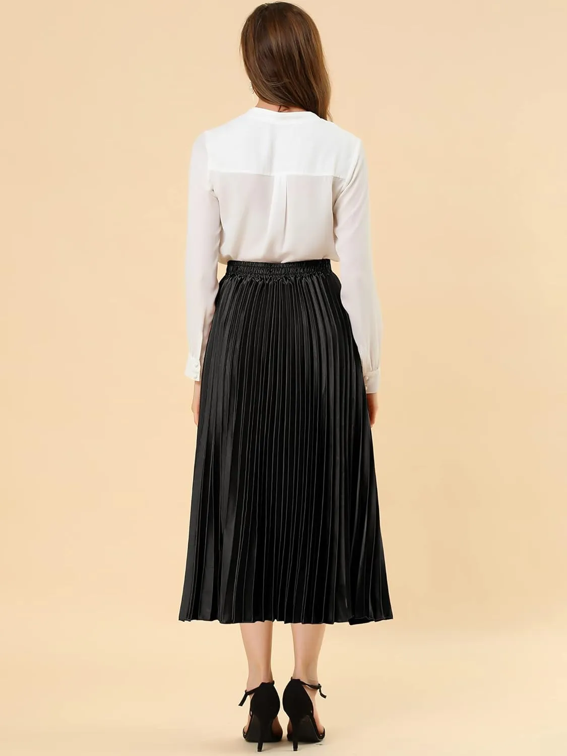 Allegra K Women's Pleated Midi Skirt Elastic Waist Metallic Shiny Accordion Party Skirts