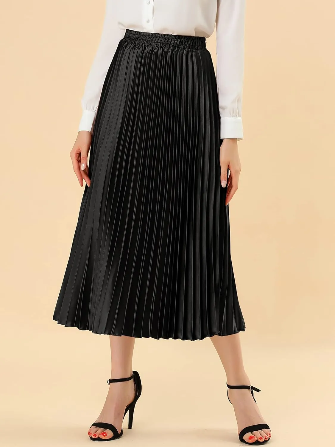 Allegra K Women's Pleated Midi Skirt Elastic Waist Metallic Shiny Accordion Party Skirts