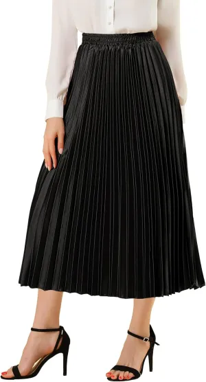 Allegra K Women's Pleated Midi Skirt Elastic Waist Metallic Shiny Accordion Party Skirts