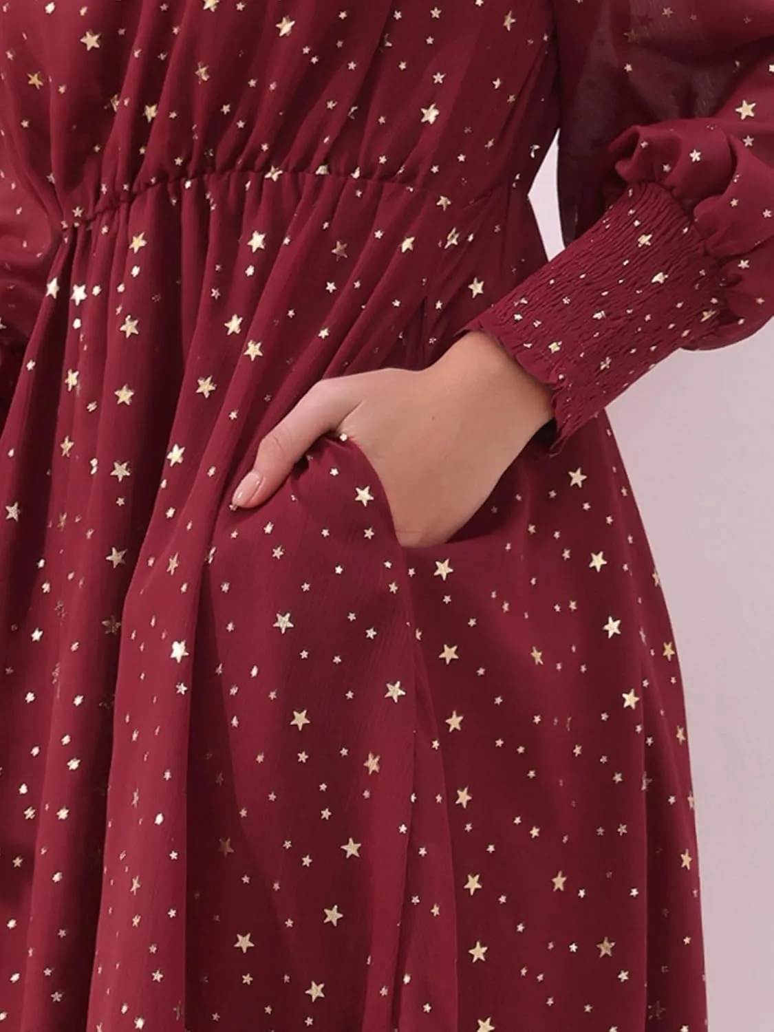 Allegra K Women's Puff Long Sleeve Elastic Waist Glitter Stars Boat Neck Mesh Casual Dress