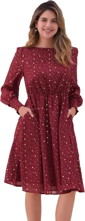 Allegra K Women's Puff Long Sleeve Elastic Waist Glitter Stars Boat Neck Mesh Casual Dress