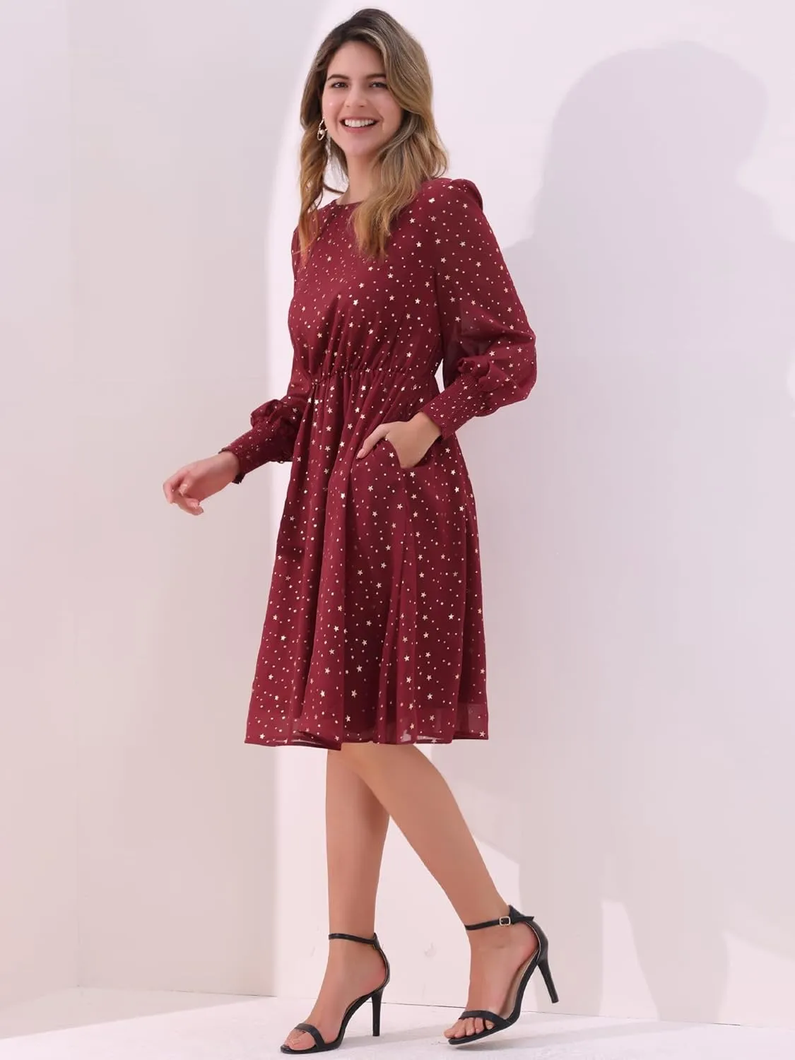 Allegra K Women's Puff Long Sleeve Elastic Waist Glitter Stars Boat Neck Mesh Casual Dress