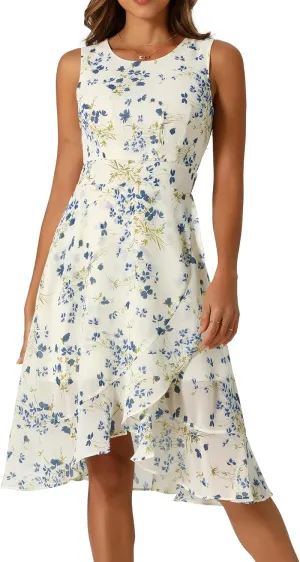 Allegra K Women's Summer Dresses 2025 Wrap Ruffle High Low Hem Round Neck Keyhole Back Sleeveless Floral Dress
