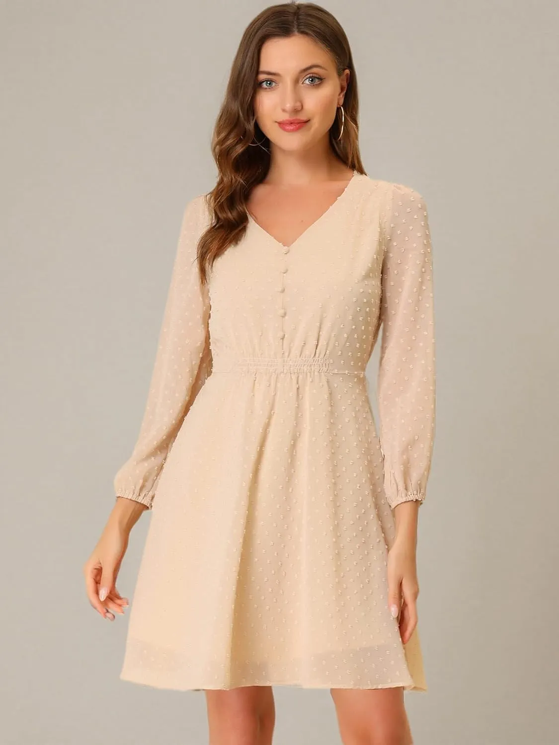 Allegra K Women's Swiss Dots Elastic Waist 3/4 Sleeve A-line Solid Flowy Chiffon Dress