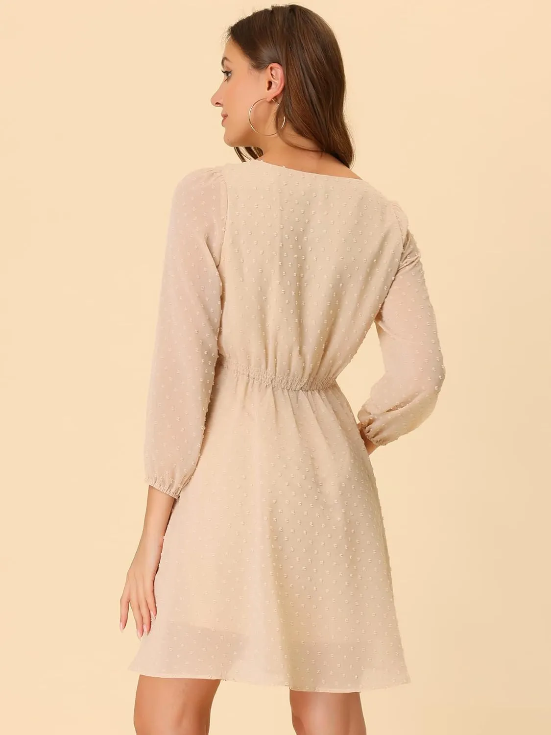 Allegra K Women's Swiss Dots Elastic Waist 3/4 Sleeve A-line Solid Flowy Chiffon Dress