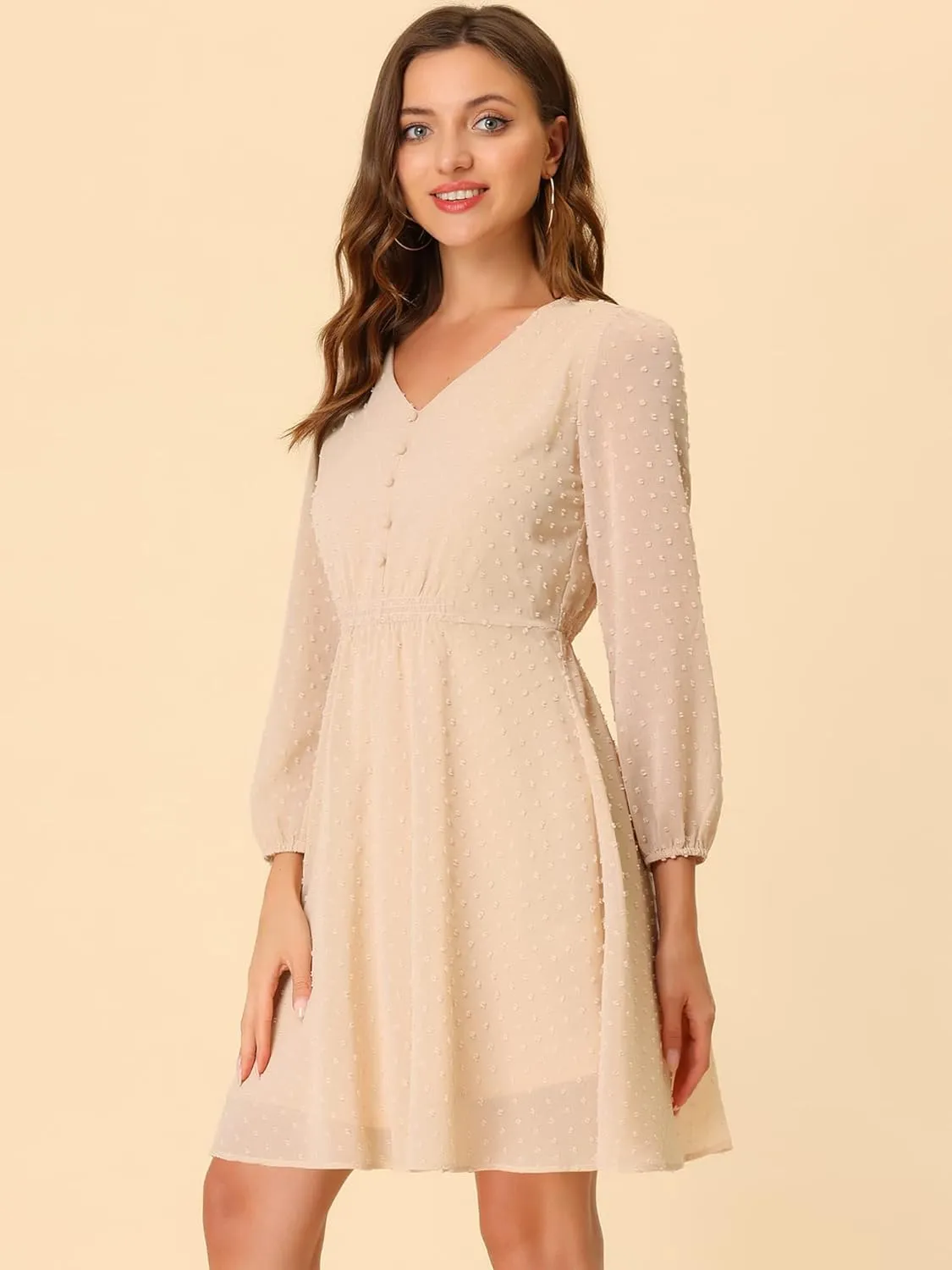 Allegra K Women's Swiss Dots Elastic Waist 3/4 Sleeve A-line Solid Flowy Chiffon Dress