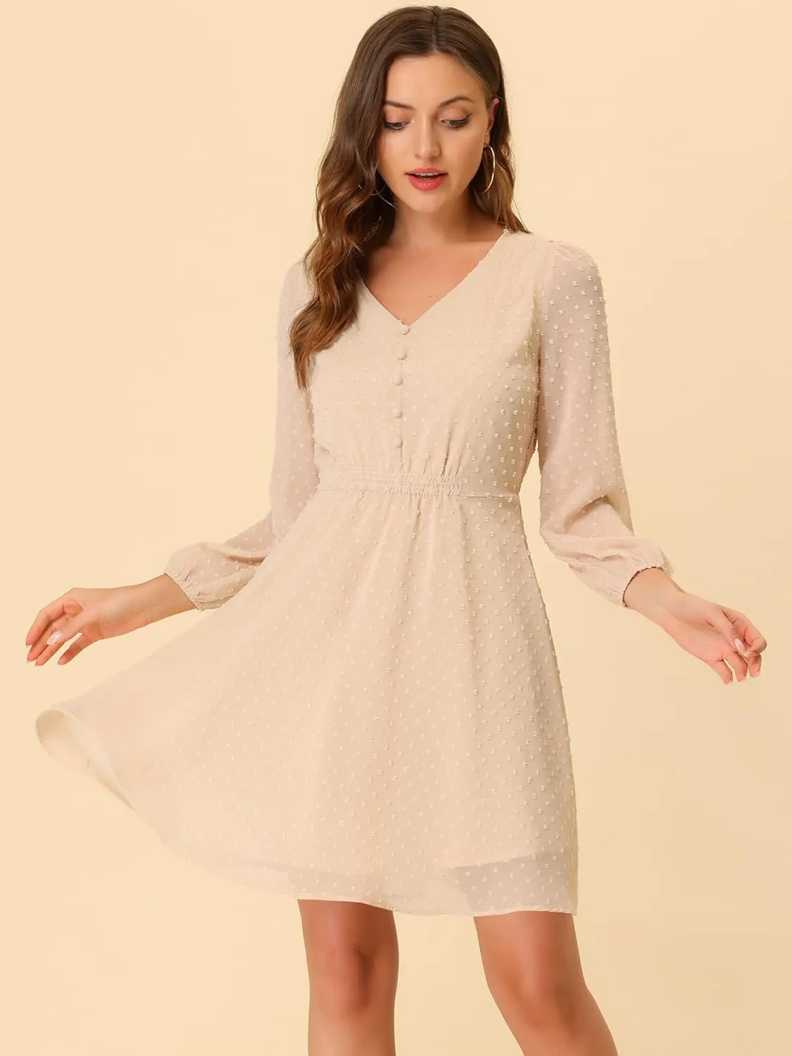 Allegra K Women's Swiss Dots Elastic Waist 3/4 Sleeve A-line Solid Flowy Chiffon Dress