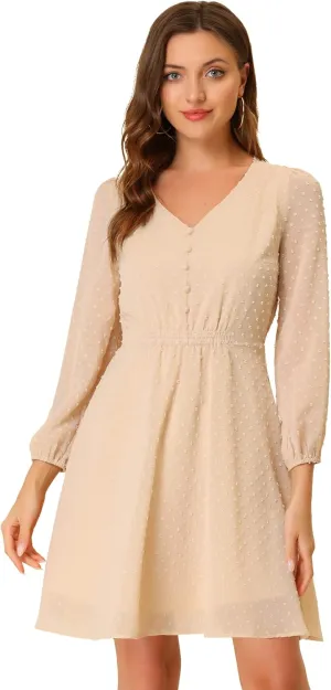 Allegra K Women's Swiss Dots Elastic Waist 3/4 Sleeve A-line Solid Flowy Chiffon Dress