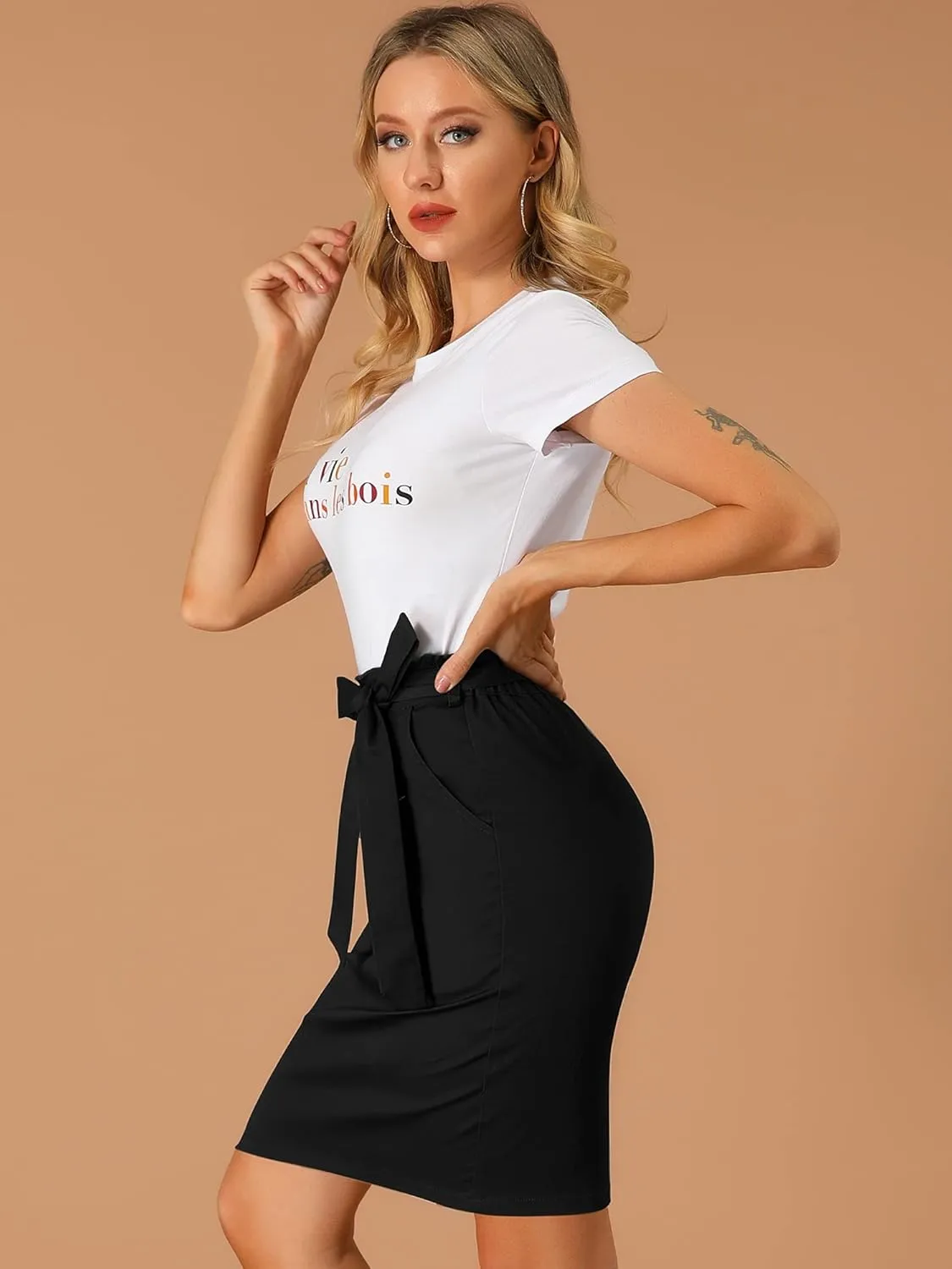 Allegra K Women's Workwear Paperbag Elastic Waist Side Pockets Cotton Pencil Skirt