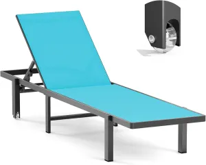 Aluminum Chaise Lounge Chair Outdoor with Wheels, Patio Lounge Chair with Adjustable 5-Position Recliner and Full Flat Tanning Chair for Patio, Beach, Pool, Lake Blue