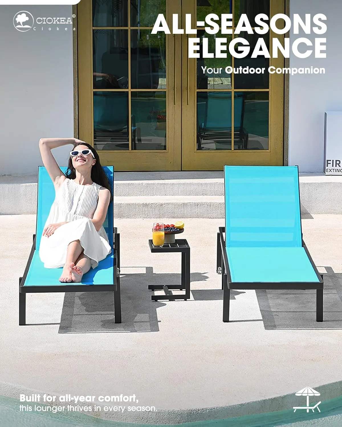 Aluminum Chaise Lounge Chair Outdoor with Wheels, Patio Lounge Chair with Adjustable 5-Position Recliner and Full Flat Tanning Chair for Patio, Beach, Pool, Lake Blue