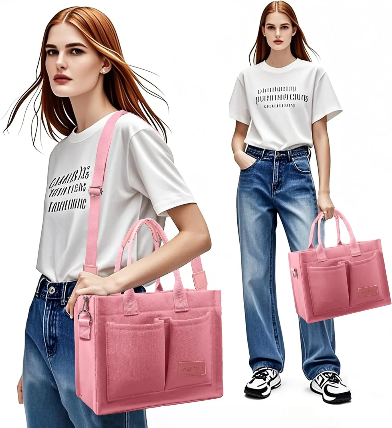 ALUWU Work Tote Bags for Women, Canvas Tote bag Womens Purse Handbags Crossbody Laptop Book Bag for Travel Nurse College Gift