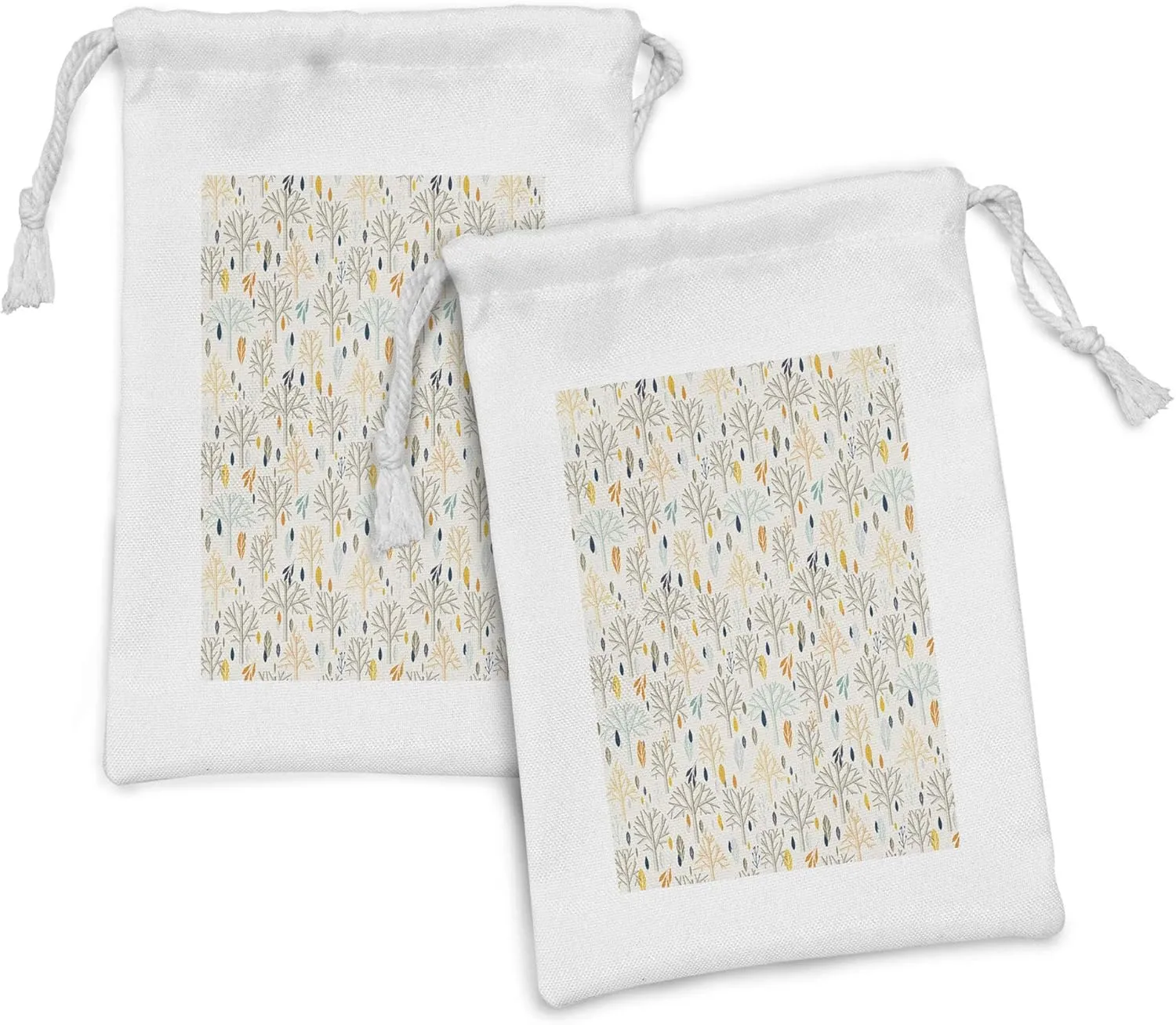 Ambesonne Botanical Fabric Pouch Set of 2, Rhythmic Design Abstract Trees Leaves Twigs Pattern on Muted Backdrop, Small Drawstring Bag for Toiletries Masks and Favors, 9" x 6", Eggshell Multicolor