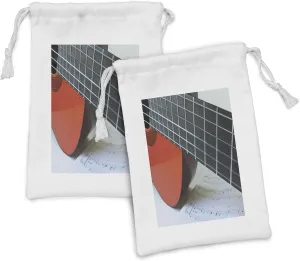Ambesonne Guitar Fabric Pouch Set of 2, Close Up Photo of a Fingerboard on a Classic Instrument Music Sheet, Small Drawstring Bag for Toiletries Masks and Favors, 9" x 6", White Vermilion