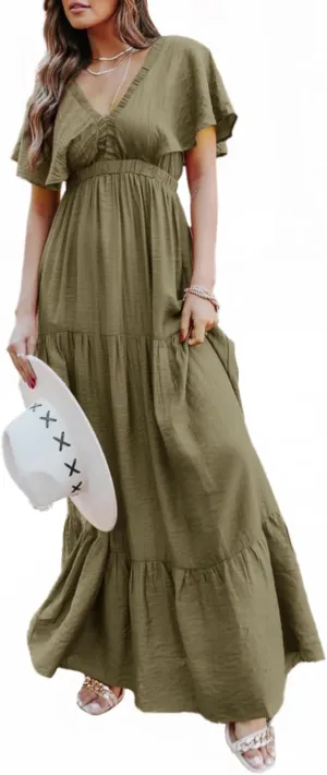 Amegoya Women's Casual Short Sleeve V Neck Floral Maxi Dresses Boho Beach Photoshoot Flowy Ruffle Long Dress