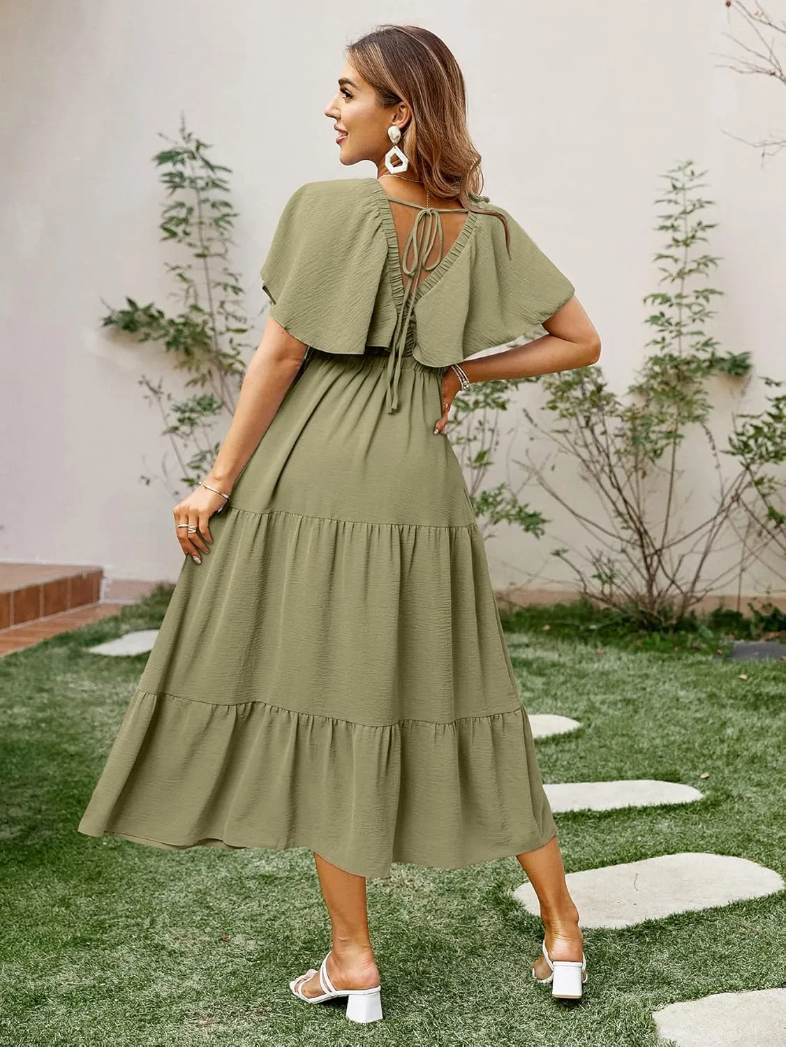 Amegoya Women's Casual Short Sleeve V Neck Floral Maxi Dresses Boho Beach Photoshoot Flowy Ruffle Long Dress