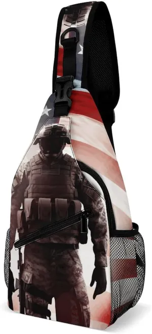 American Soldier Crossbody Sling Bag for Women Men Casual Sling Backpack Travel Chest Bag Lightweight Chest Pack Man Purse Shoulder Bags Side Backpack Daypack for Travel Hiking Cycling