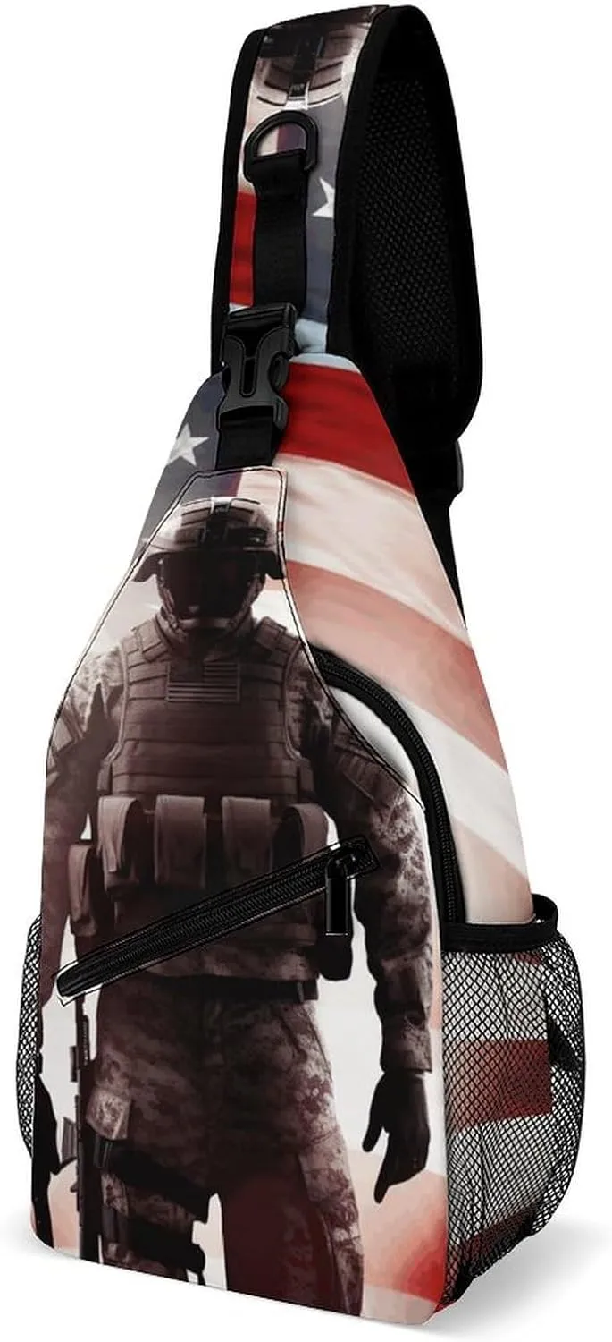 American Soldier Crossbody Sling Bag for Women Men Casual Sling Backpack Travel Chest Bag Lightweight Chest Pack Man Purse Shoulder Bags Side Backpack Daypack for Travel Hiking Cycling