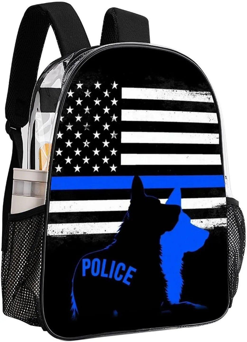 American Thin Blue Line Police Dog Flag Black Backpack Transparent Multipurpose Anti-Theft Shoulder Bag Big Capacity Gym Outdoor Hiking Backpack With Padded Straps