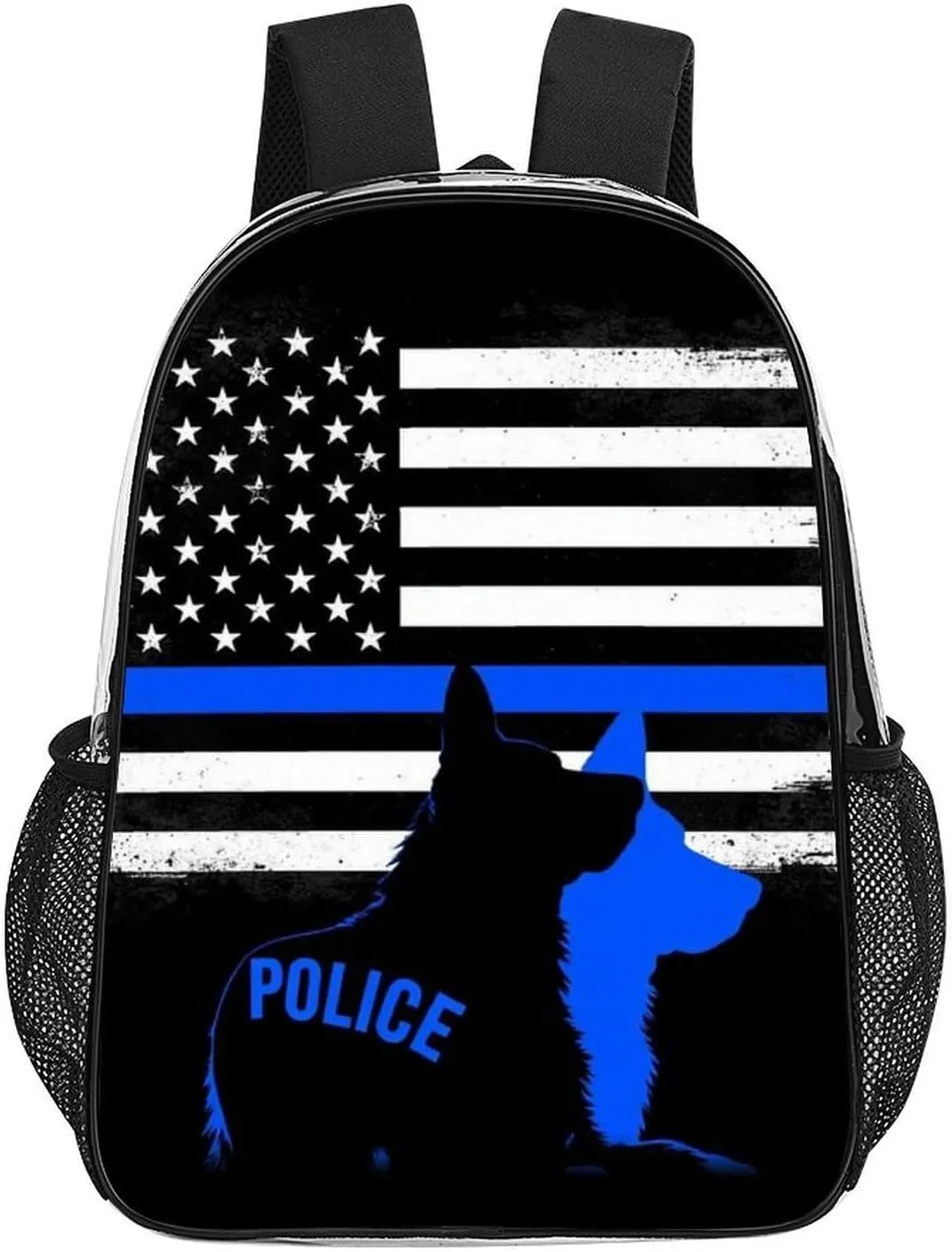 American Thin Blue Line Police Dog Flag Black Backpack Transparent Multipurpose Anti-Theft Shoulder Bag Big Capacity Gym Outdoor Hiking Backpack With Padded Straps