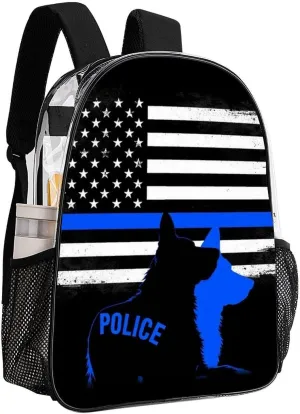 American Thin Blue Line Police Dog Flag Black Backpack Transparent Multipurpose Anti-Theft Shoulder Bag Big Capacity Gym Outdoor Hiking Backpack With Padded Straps