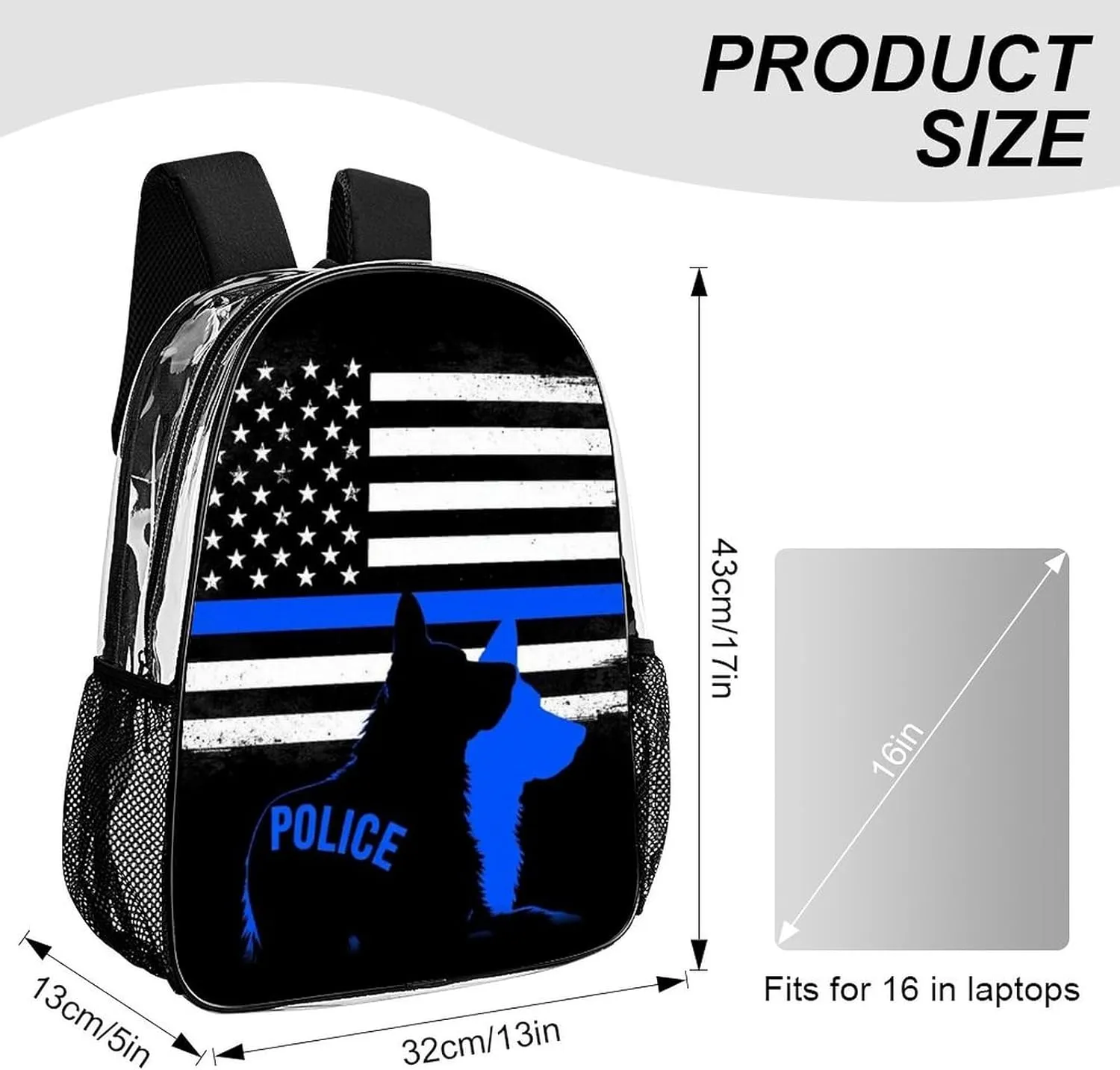 American Thin Blue Line Police Dog Flag Black Backpack Transparent Multipurpose Anti-Theft Shoulder Bag Big Capacity Gym Outdoor Hiking Backpack With Padded Straps
