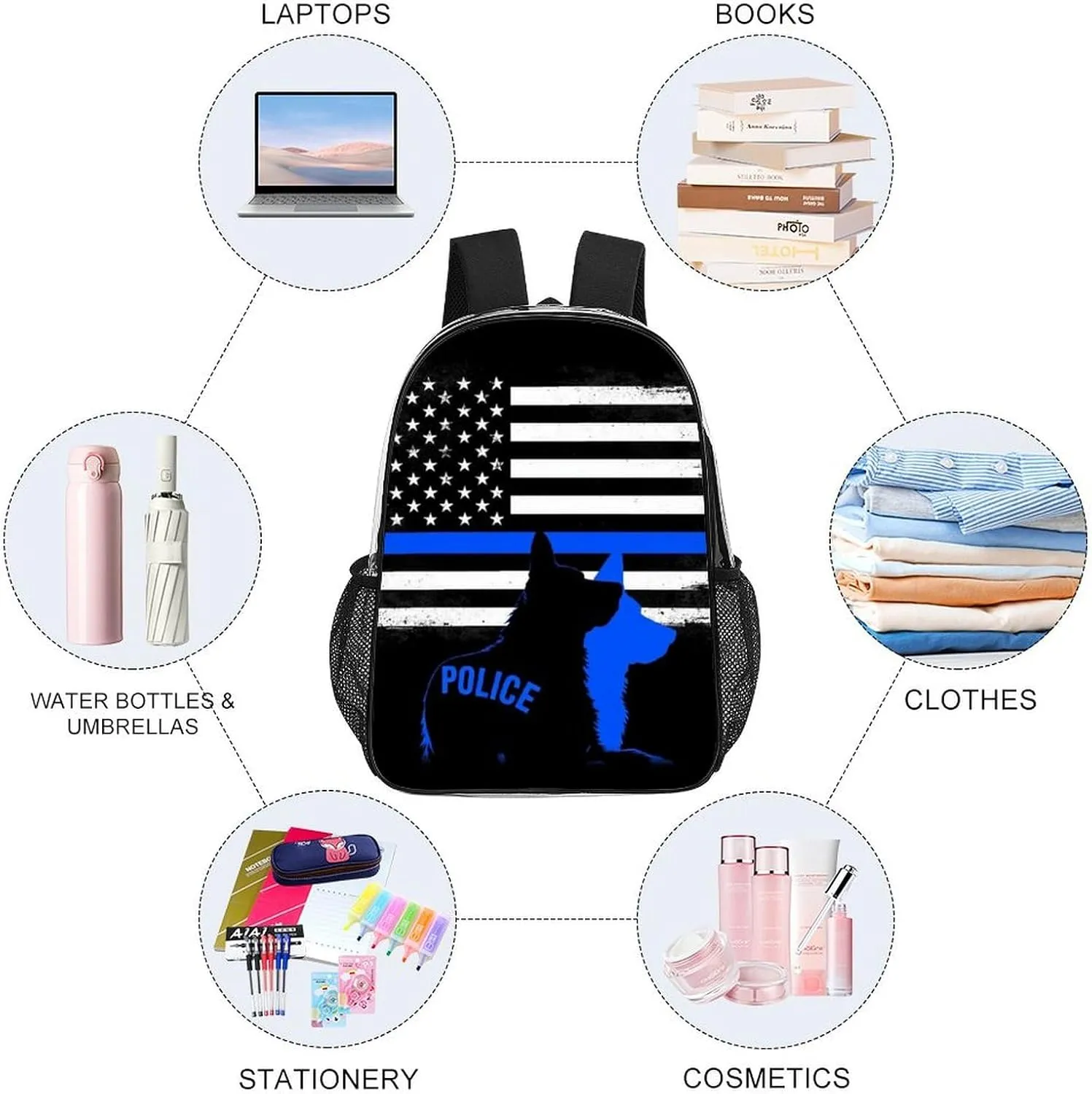 American Thin Blue Line Police Dog Flag Black Backpack Transparent Multipurpose Anti-Theft Shoulder Bag Big Capacity Gym Outdoor Hiking Backpack With Padded Straps