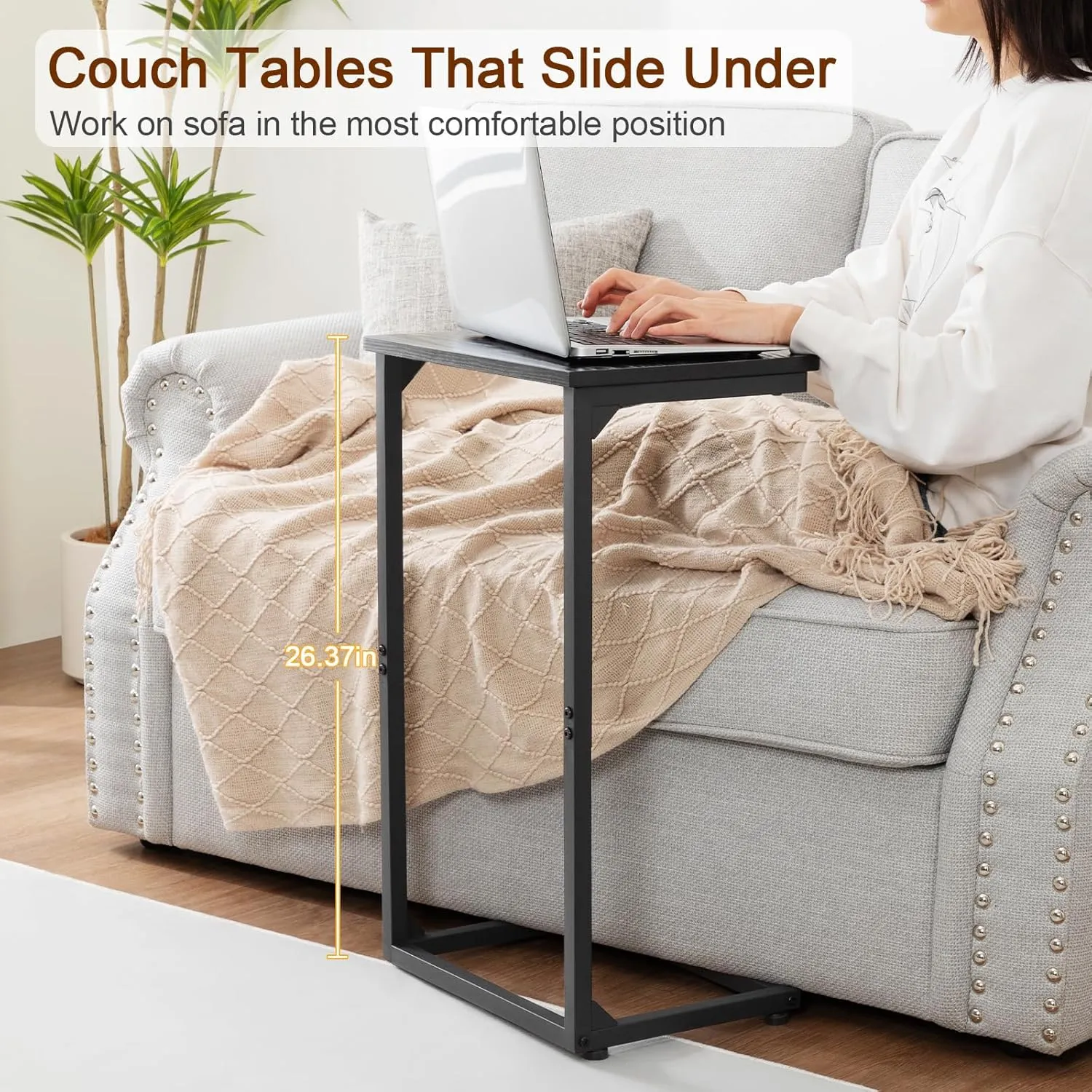 AMHANCIBLE C Shaped End Table Set of 2, Couch Tables That Slide Under, TV Trays, Side Tables for Living Room, Snack Table for Small Space, Black HET02BBK