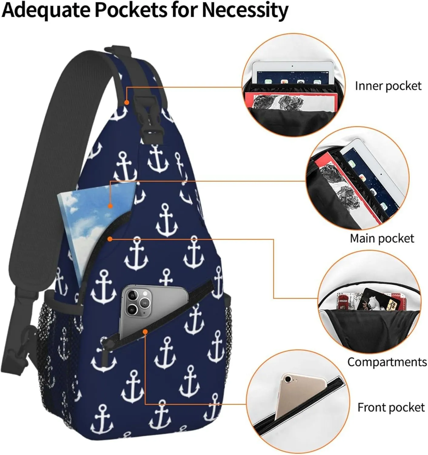 AMRANDOM Crossbody Sling Bag Shoulder Chest Bag for Women & Men (Nautical Anchor Navy)