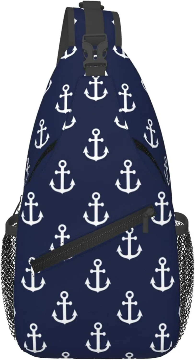 AMRANDOM Crossbody Sling Bag Shoulder Chest Bag for Women & Men (Nautical Anchor Navy)