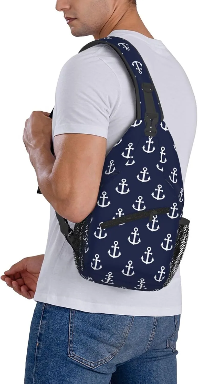 AMRANDOM Crossbody Sling Bag Shoulder Chest Bag for Women & Men (Nautical Anchor Navy)
