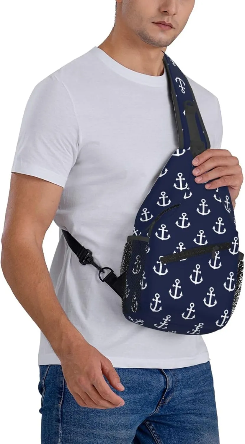 AMRANDOM Crossbody Sling Bag Shoulder Chest Bag for Women & Men (Nautical Anchor Navy)