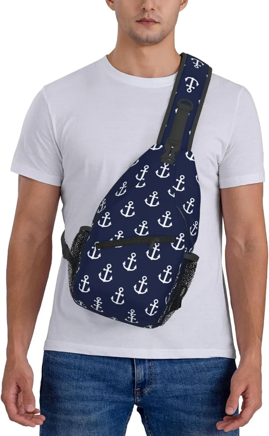AMRANDOM Crossbody Sling Bag Shoulder Chest Bag for Women & Men (Nautical Anchor Navy)