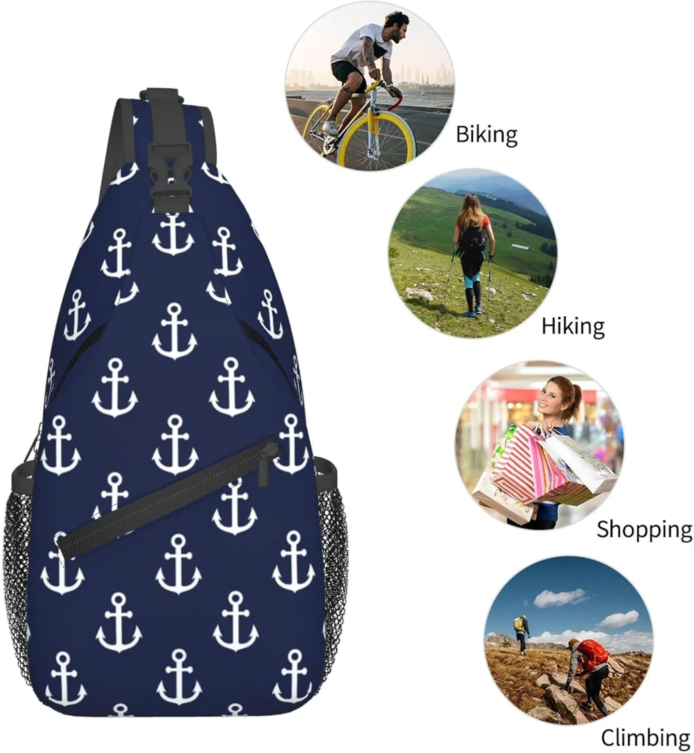 AMRANDOM Crossbody Sling Bag Shoulder Chest Bag for Women & Men (Nautical Anchor Navy)