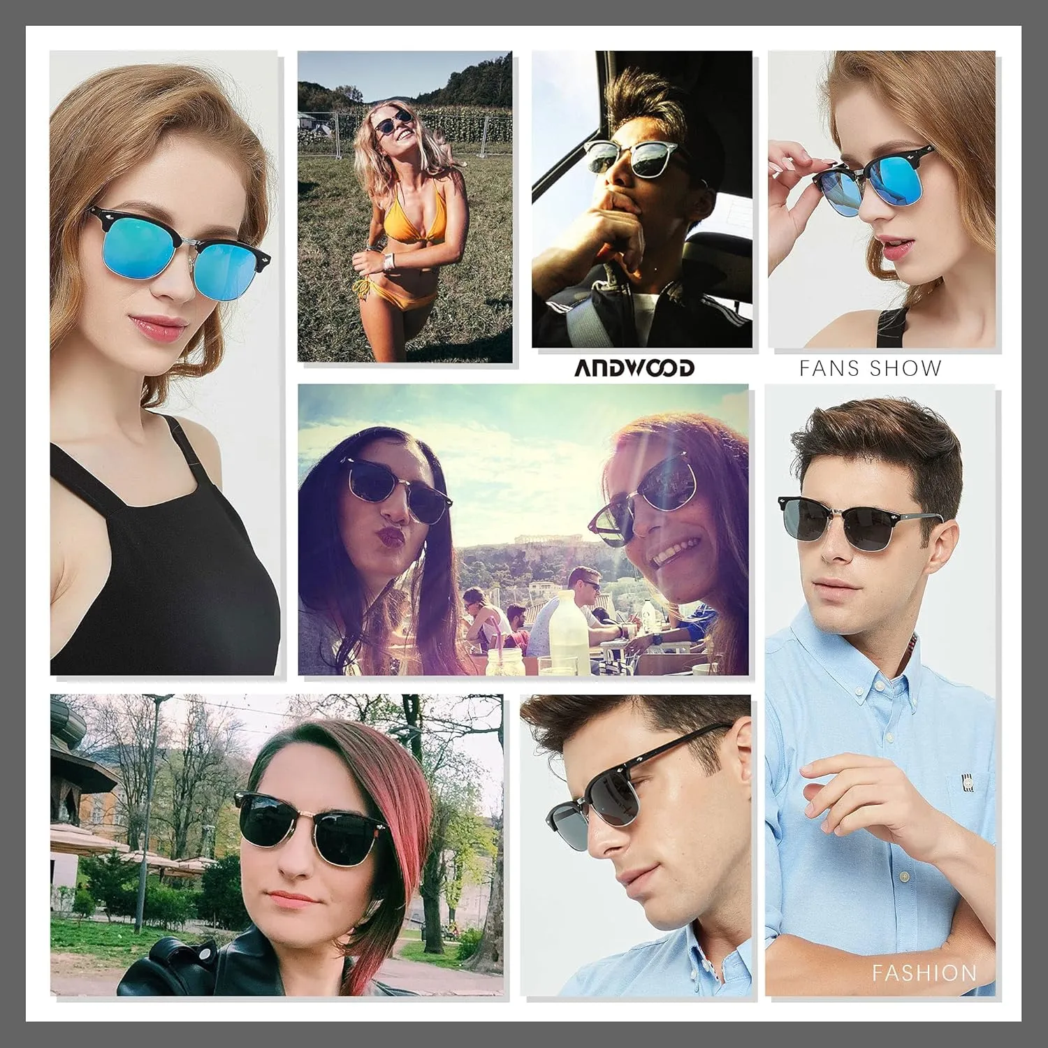 ANDWOOD Polarized Sunglasses for Men Women UV Protection Semi Rimless Sun glasses Classic Half Frame