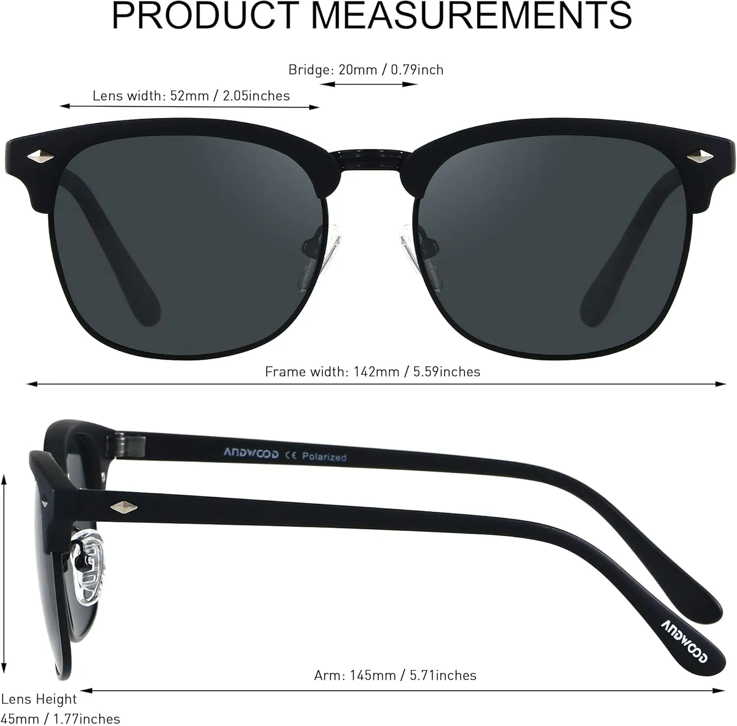 ANDWOOD Polarized Sunglasses for Men Women UV Protection Semi Rimless Sun glasses Classic Half Frame