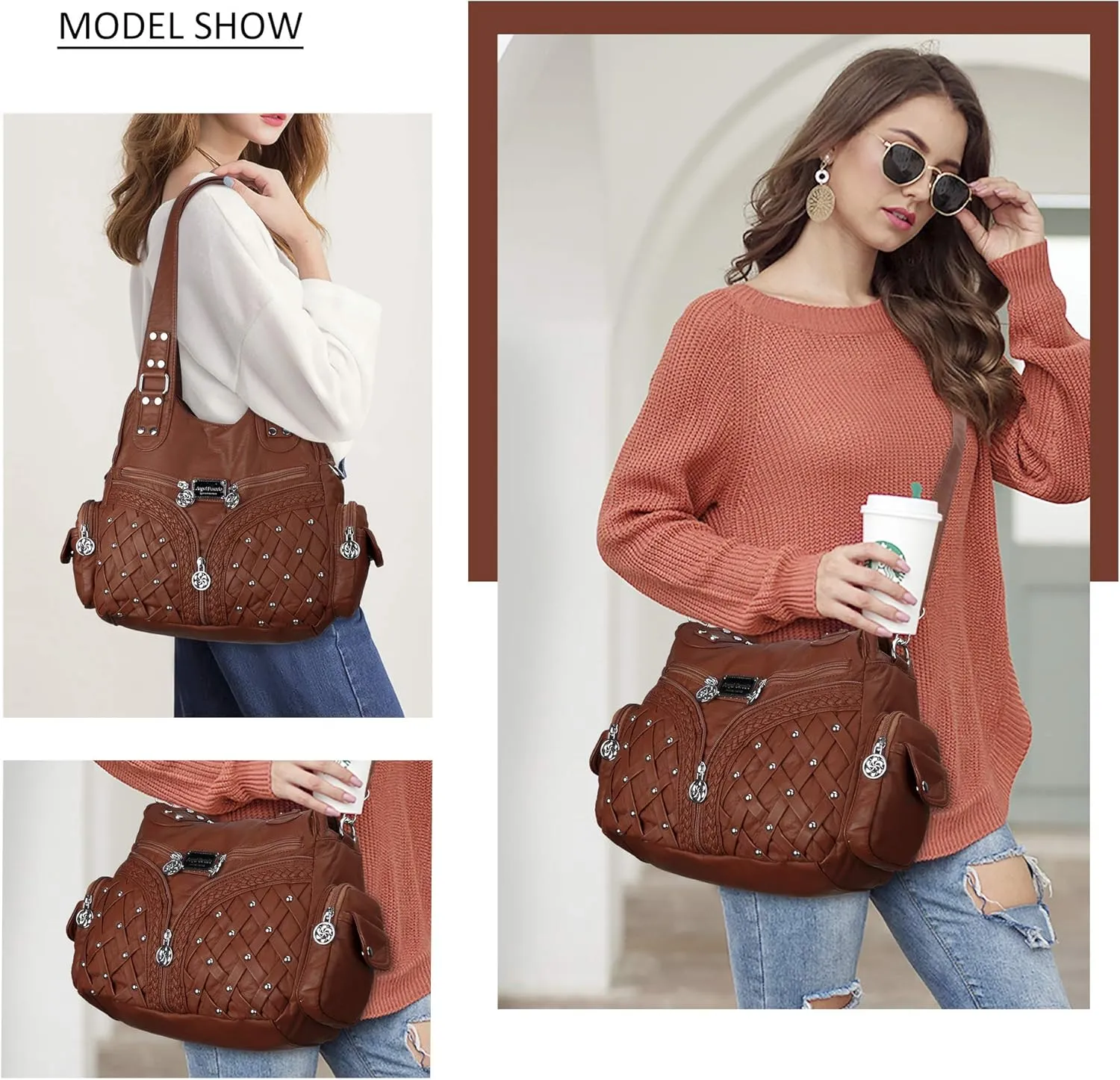 Angel Barcelo Purses and Handbags Women Tote Shoulder Top Handle Satchel Hobo Bags Fashion Washed PU Leather Purse