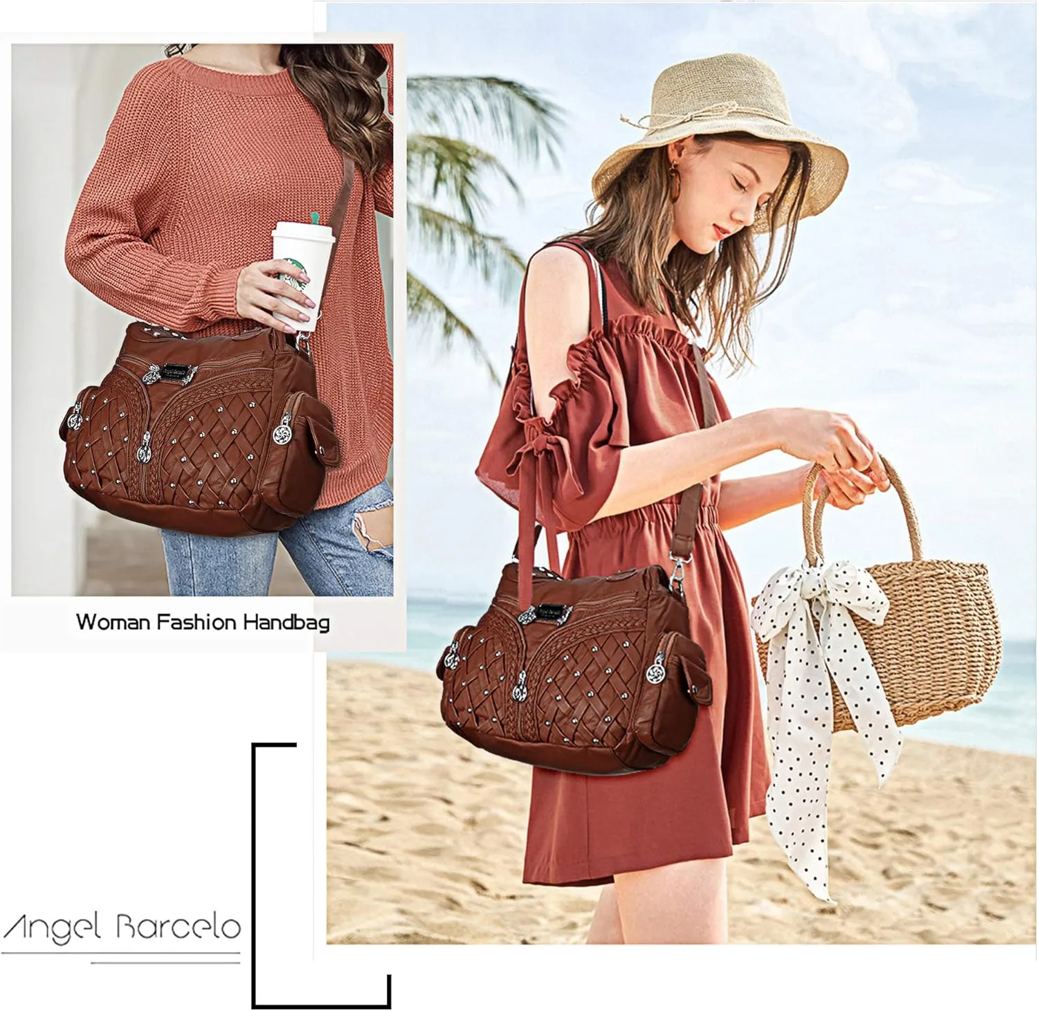 Angel Barcelo Purses and Handbags Women Tote Shoulder Top Handle Satchel Hobo Bags Fashion Washed PU Leather Purse