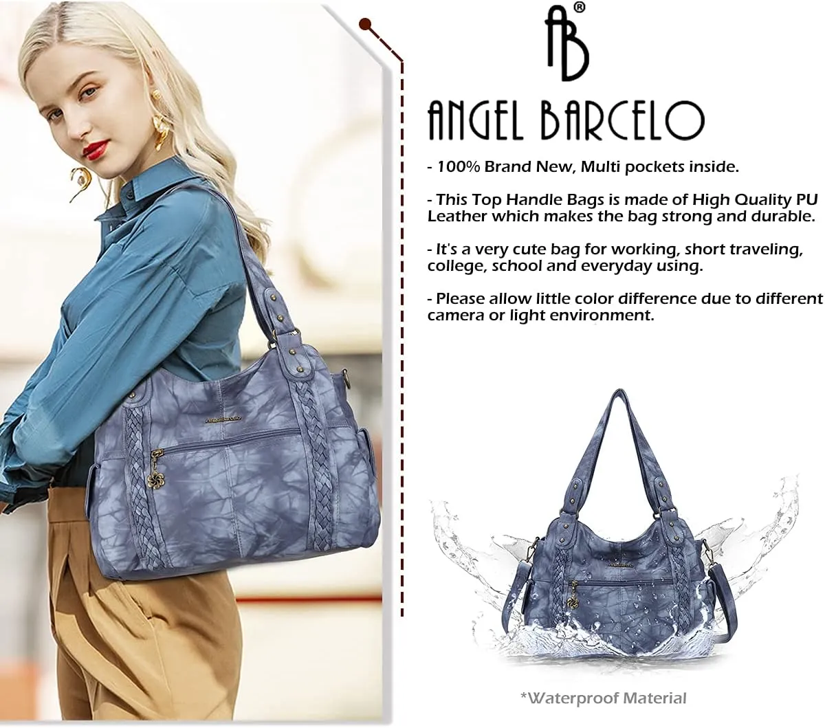 Angel Barcelo Roomy Fashion Hobo Womens Handbags Ladies Purse Satchel Shoulder Bags Tote Washed Leather Bag